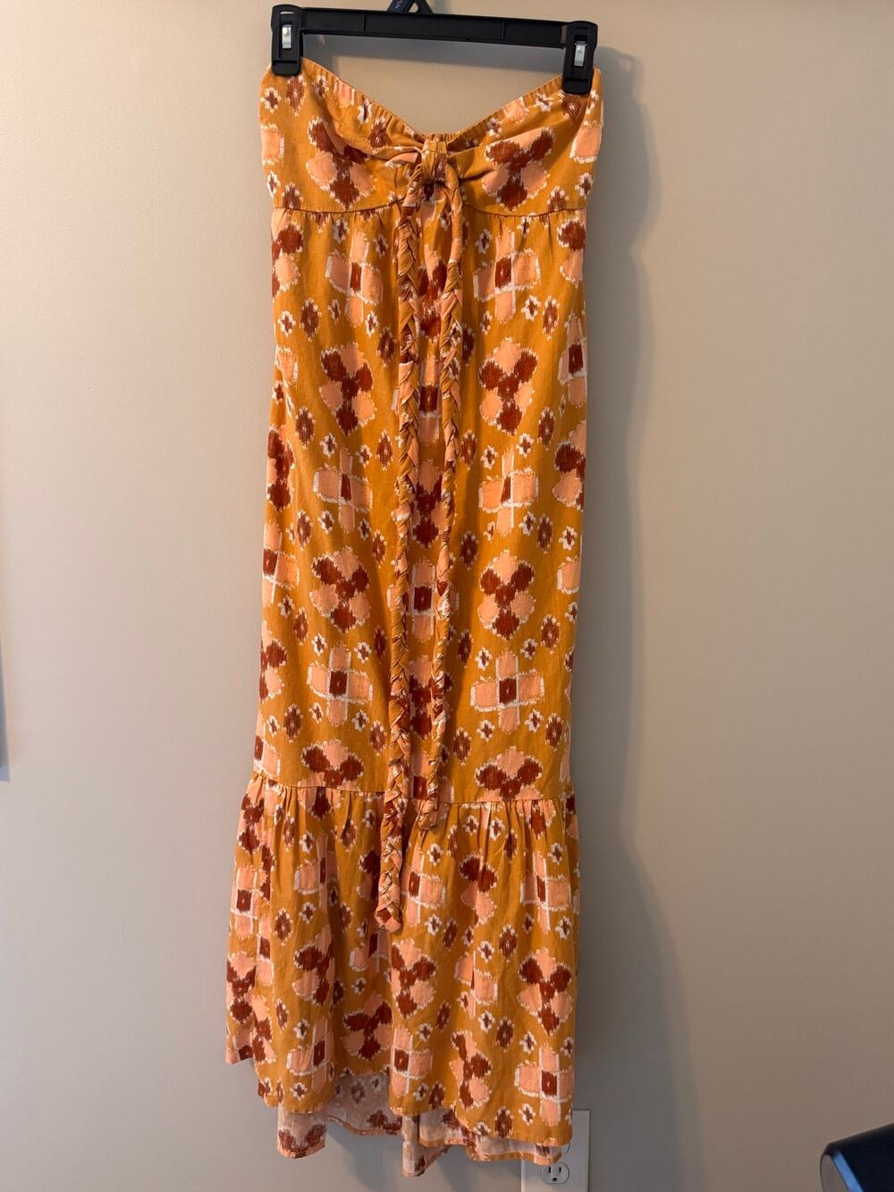 Aerie Linen Blend Ikat Maxi Dress XS Strapless Bow Neck Mustard Boho